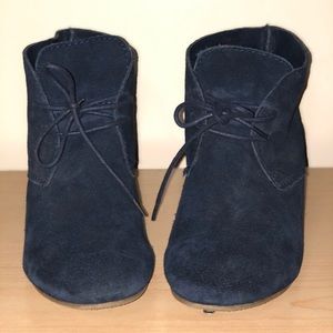 Crown vintage blue tie up wedge heel booties